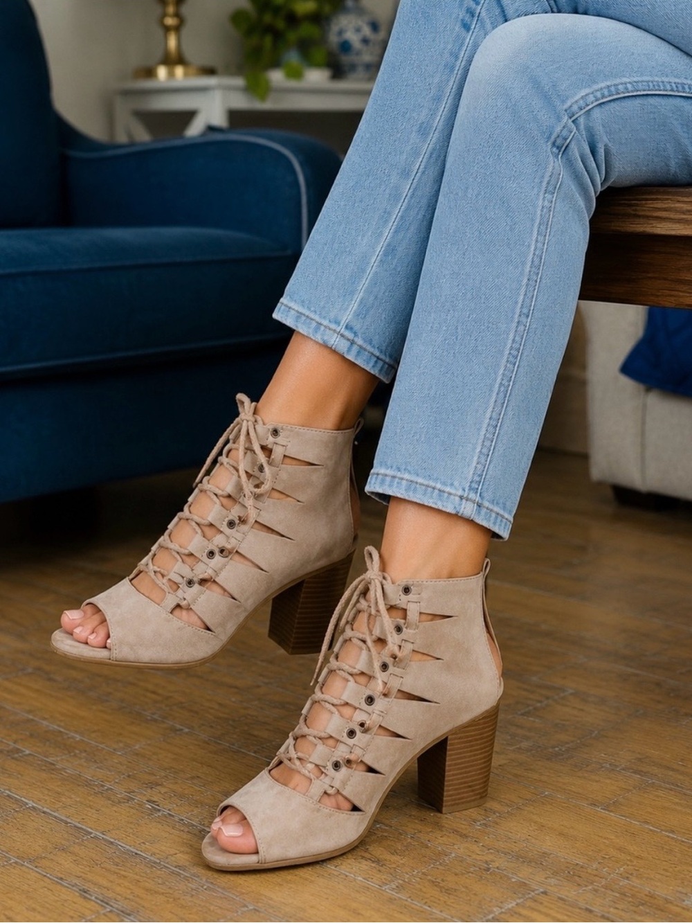 Women’s Taupe Suede Lace-Up Peep Toe Block Heel Ankle Booties
